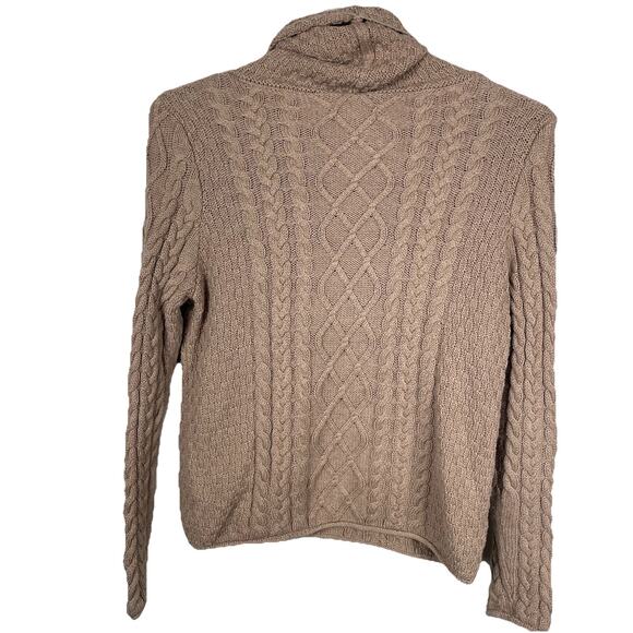 Burgess Cashmere Blend Cable Knit Sweater Women M Tan Soft Funnel Neck Fisherman - Picture 2 of 9